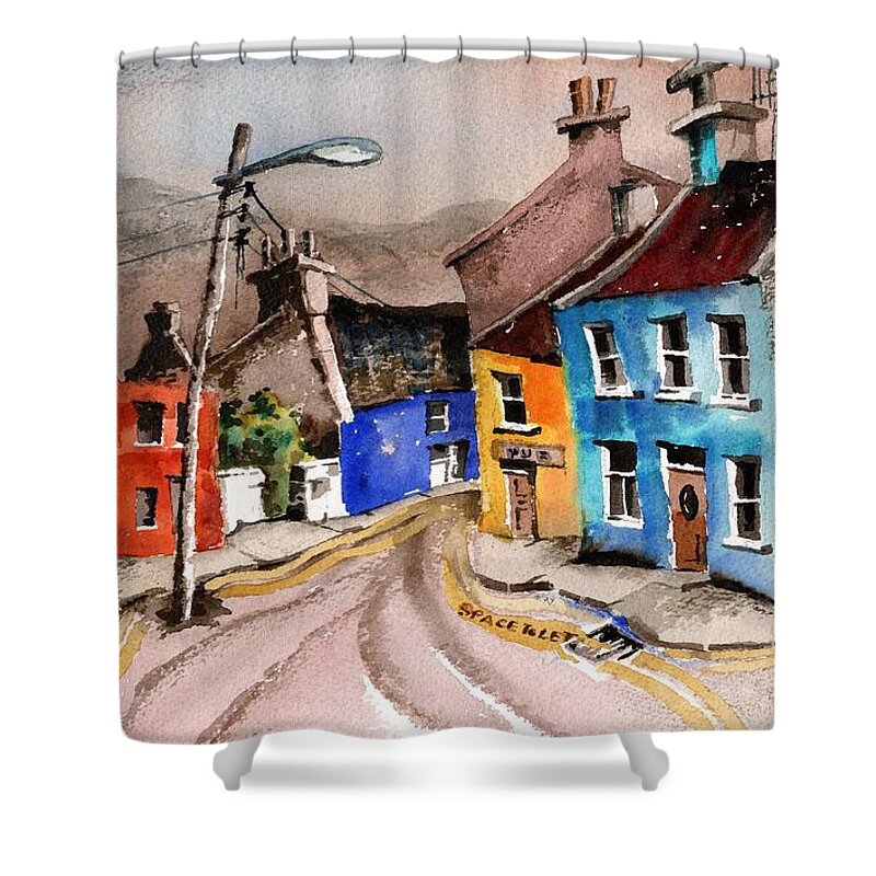 Val Byrne Shower Curtain featuring the painting Dont litter Eyeries, Beara by Val Byrne