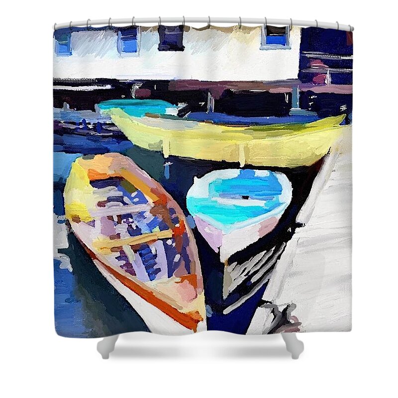 Yellow Dory Shower Curtain featuring the painting Dory Dock at Beacon Marine Basin by Melissa Abbott