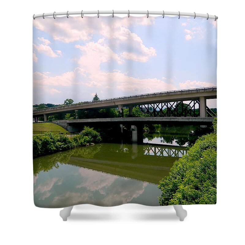 Bridge Shower Curtain featuring the photograph Double Bridge Reflection by Arlane Crump