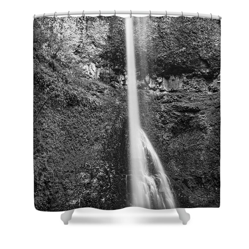 Double Falls Shower Curtain featuring the photograph Double Falls in Black and White by John McGraw