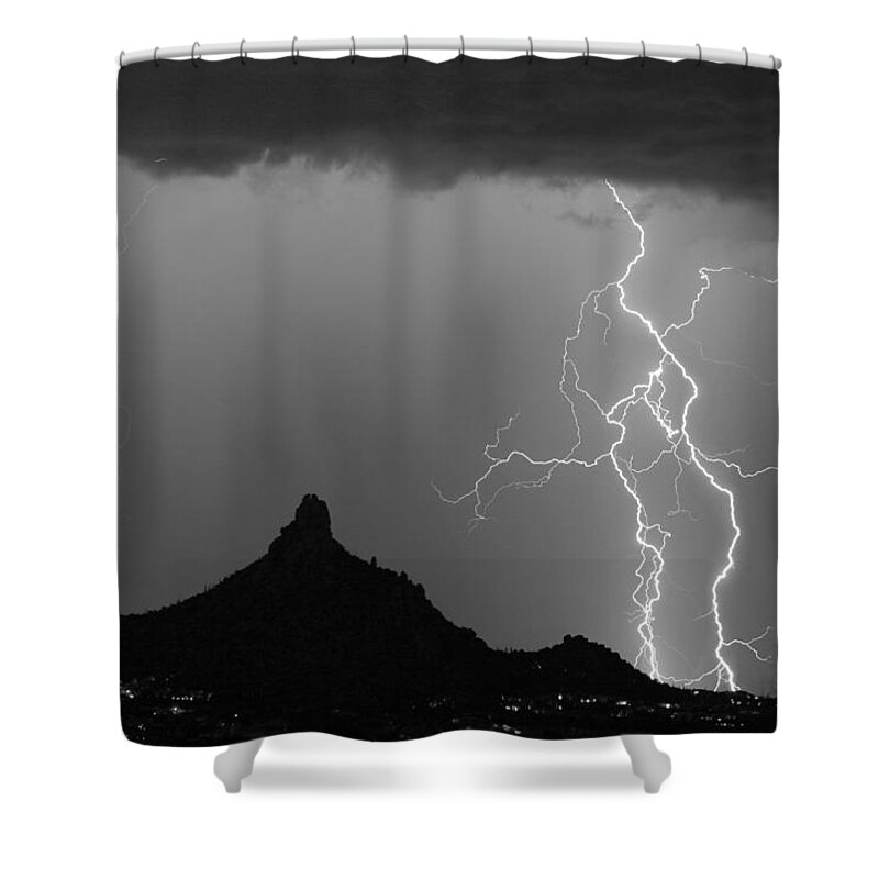 Arizona Shower Curtain featuring the photograph Double Lightning Pinnacle Peak Bw Fine Art Print by James BO Insogna