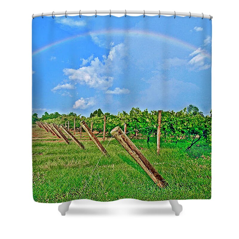 Double Rainbow Shower Curtain featuring the photograph Double Rainbow Vineyard, Smith Mountain Lake by The James Roney Collection