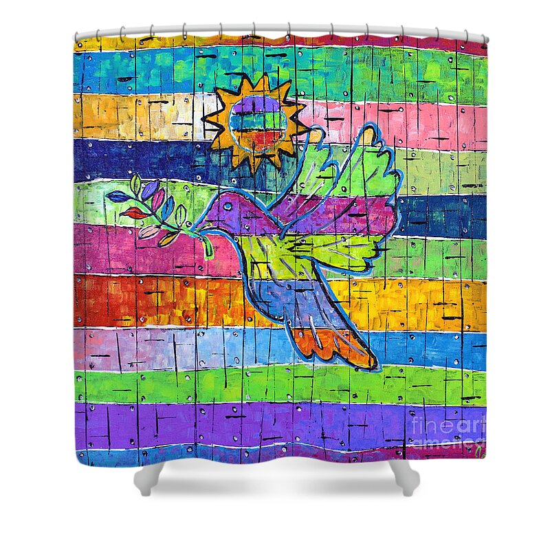 Dove Shower Curtain featuring the painting Dove of Peace, Color And Light by Jeremy Aiyadurai