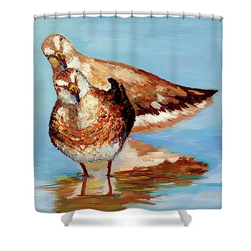 Birds Shower Curtain featuring the painting Dowitcher Birds by Janet Garcia