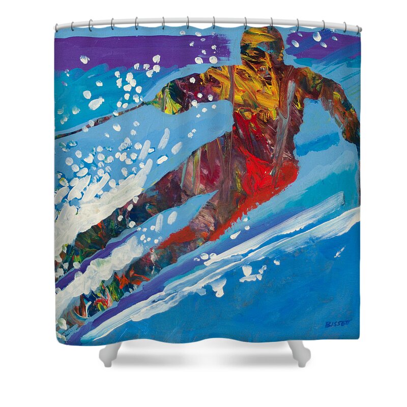 Ski Shower Curtain featuring the painting Downhiller 2 by Robert Bissett