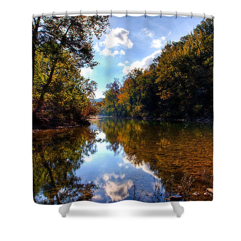 Ozark Campground Shower Curtain featuring the photograph Downriver at Ozark Campground by Michael Dougherty