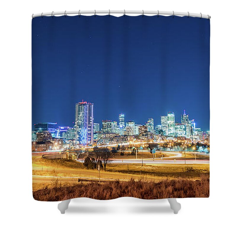 Denver Shower Curtain featuring the photograph Downtown Denver Under the stars by Greg Wyatt