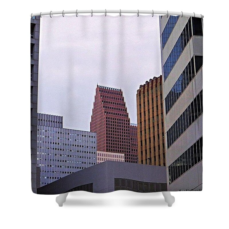 Houston Shower Curtain featuring the photograph #downtown #houston On A Gloomy Cold by Austin Tuxedo Cat