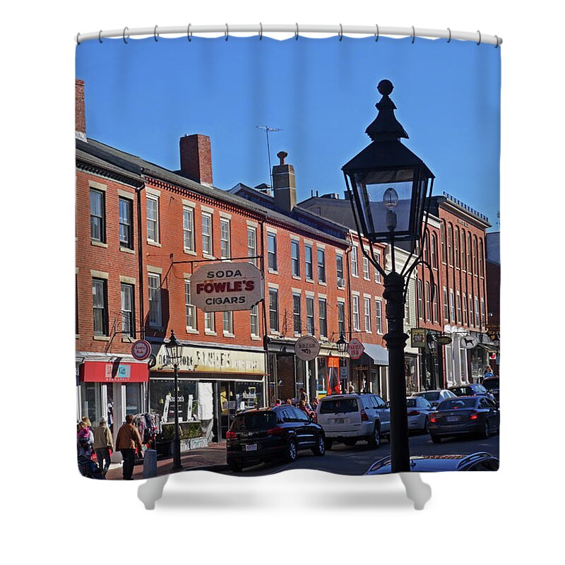 Newburyport Shower Curtain featuring the photograph Downtown Newburyport Market Street Soda Fowle's cigar sign by Toby McGuire