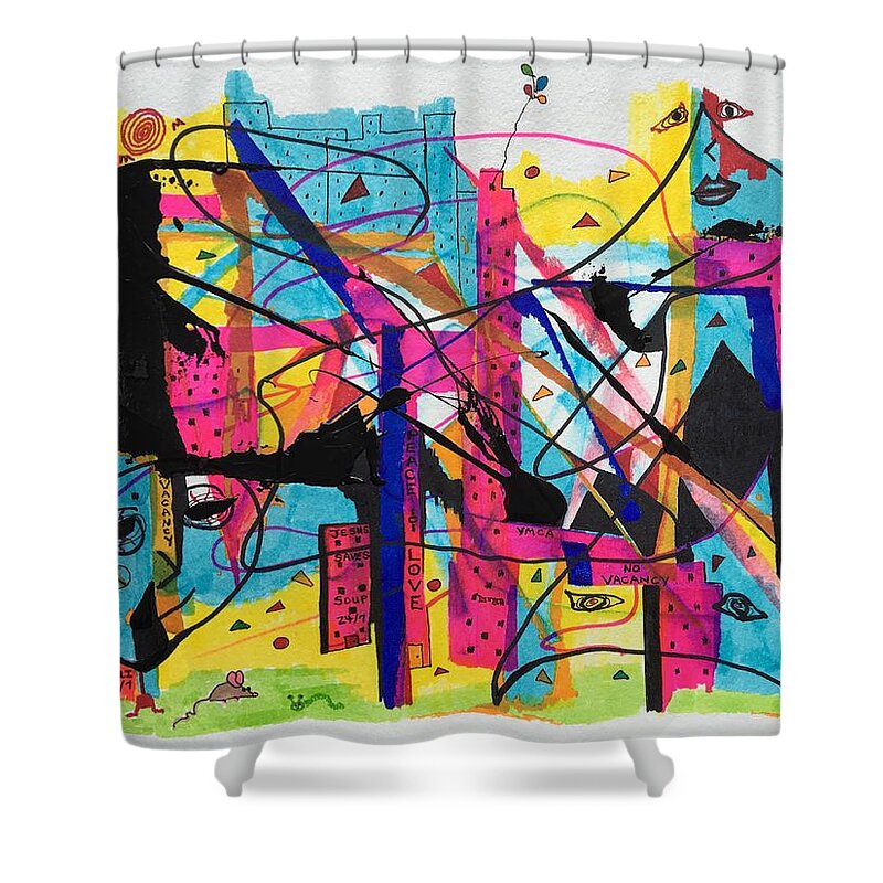 Hagood Shower Curtain featuring the painting Downtown --Where All The Lights Are Bright by Lew Hagood