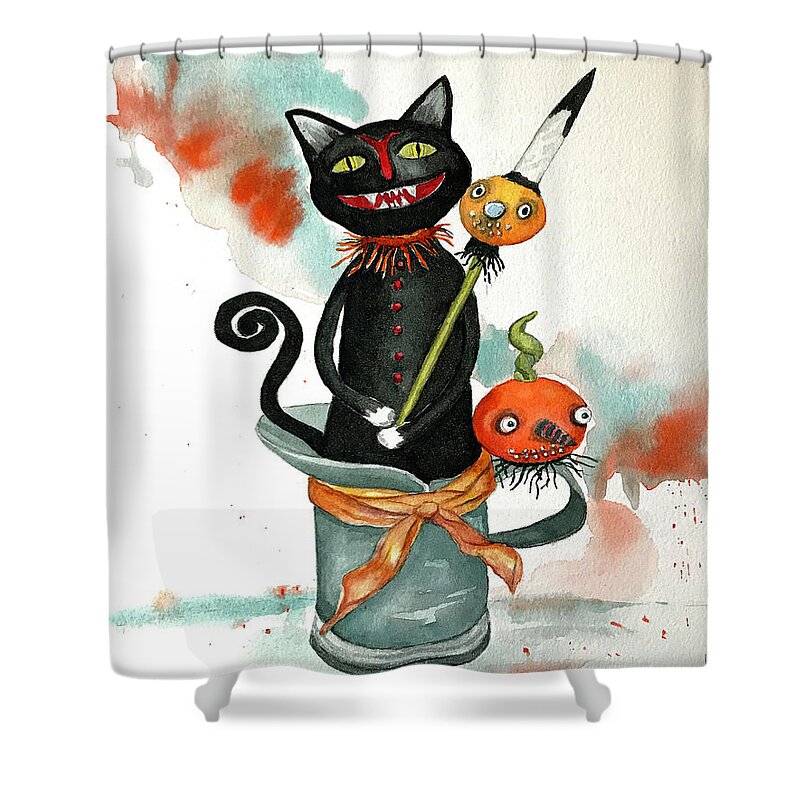 Cat Shower Curtain featuring the painting Dracula Vintage Cat by Hilda Vandergriff