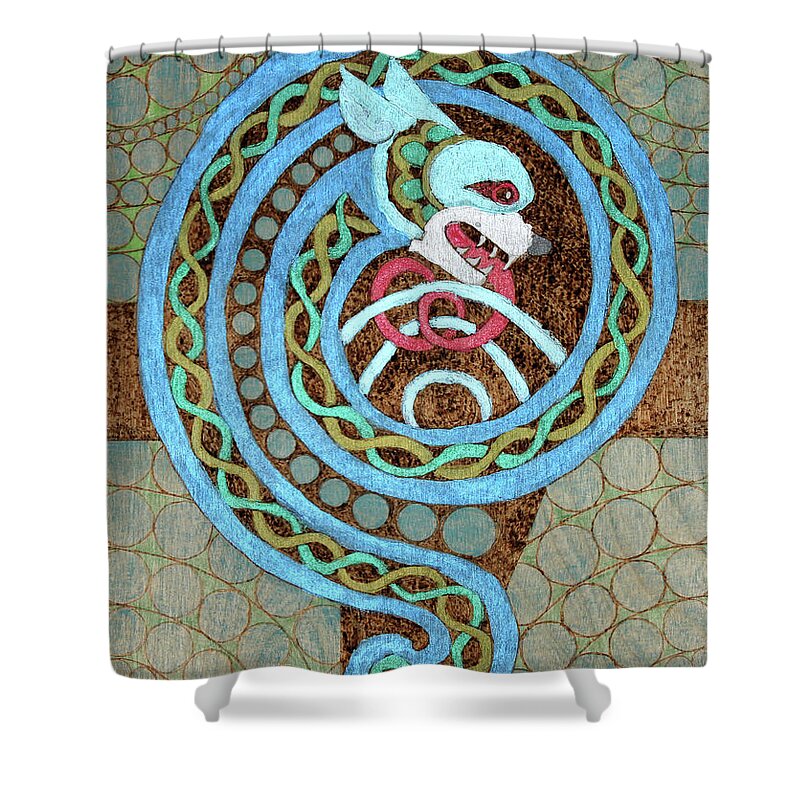  Shower Curtain featuring the pyrography Dragon and the Circles by David Yocum
