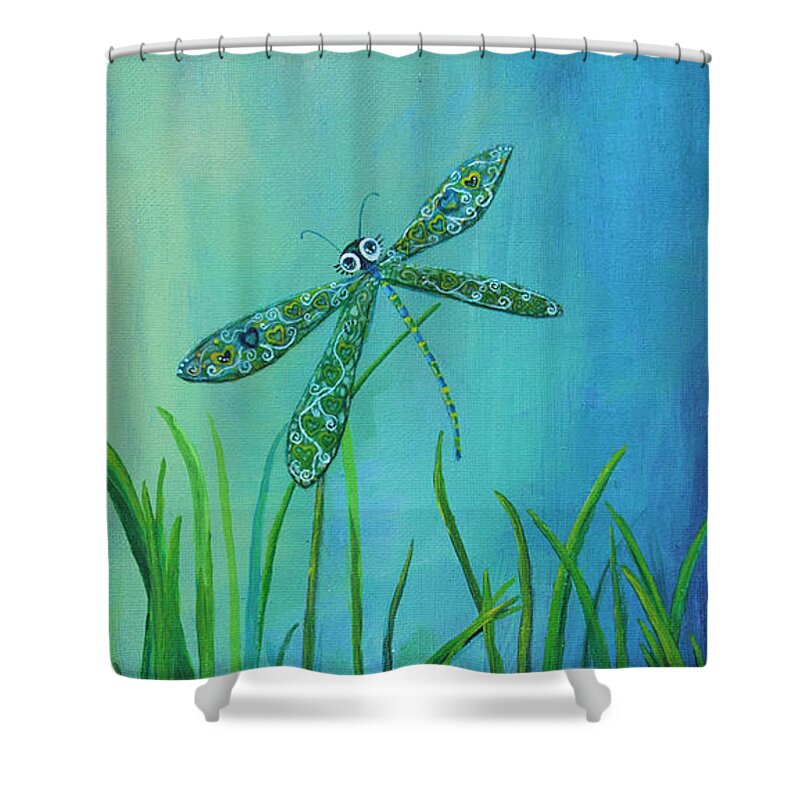 Dragon Fly Shower Curtain featuring the painting Dragonfly at the Bay by Mindy Huntress