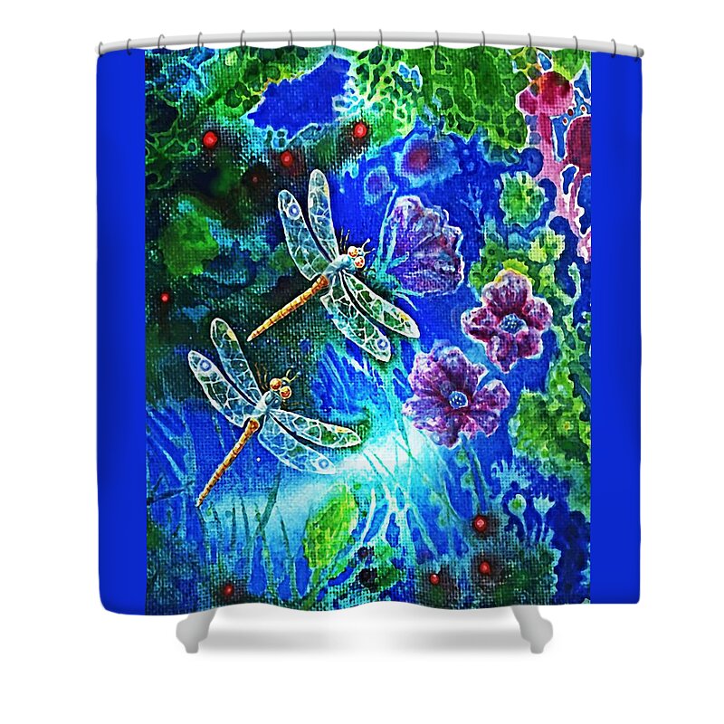 Dragonfly Shower Curtain featuring the painting DRAGONFLIES and FLOWERS #1 by Hartmut Jager