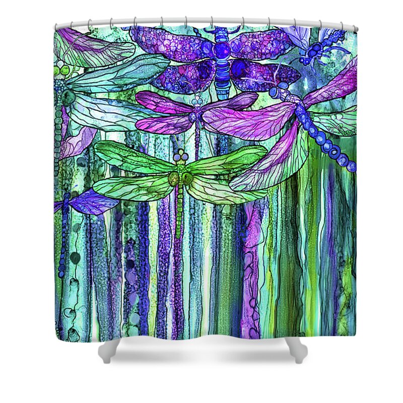 Carol Cavalaris Shower Curtain featuring the mixed media Dragonfly Bloomies 2 - Purple by Carol Cavalaris