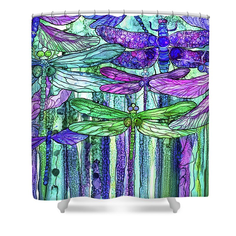 Carol Cavalaris Shower Curtain featuring the mixed media Dragonfly Bloomies 3 - Purple by Carol Cavalaris