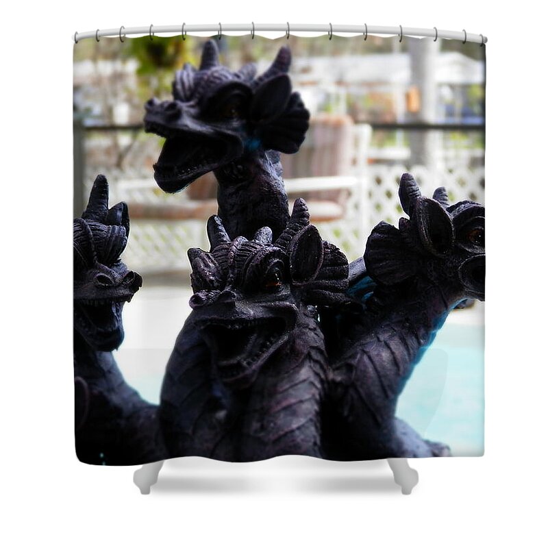 #florida #dragon #family Blue #pool Shower Curtain featuring the photograph Dragons Pooolside by Belinda Lee
