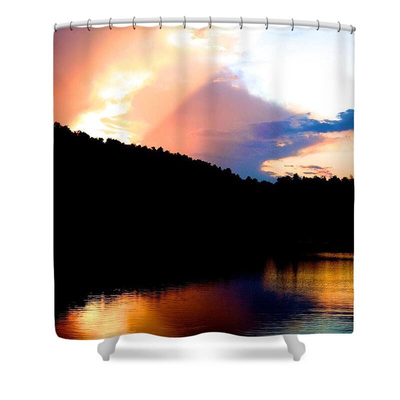  Shower Curtain featuring the photograph Dramatic Sunset with a Shaft of Light by Polly Castor