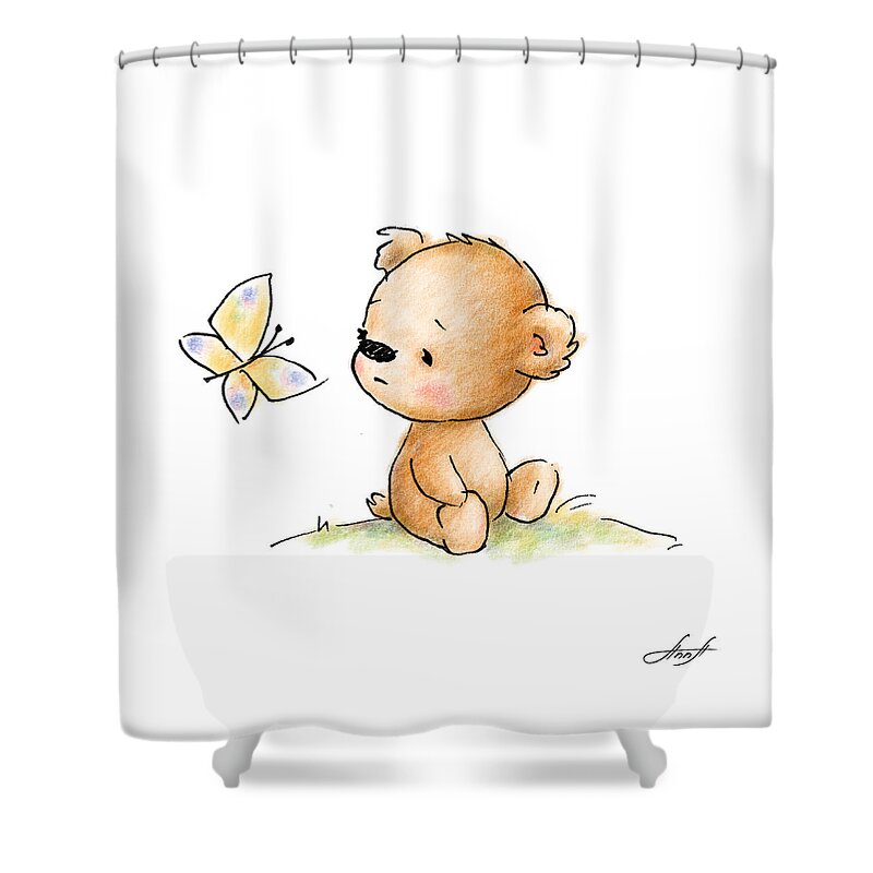 Adorable Shower Curtain featuring the digital art Drawing of cute teddy bear with butterfly by Anna Abramskaya