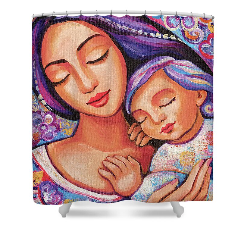 Mother And Child Shower Curtain featuring the painting Dreaming Together by Eva Campbell