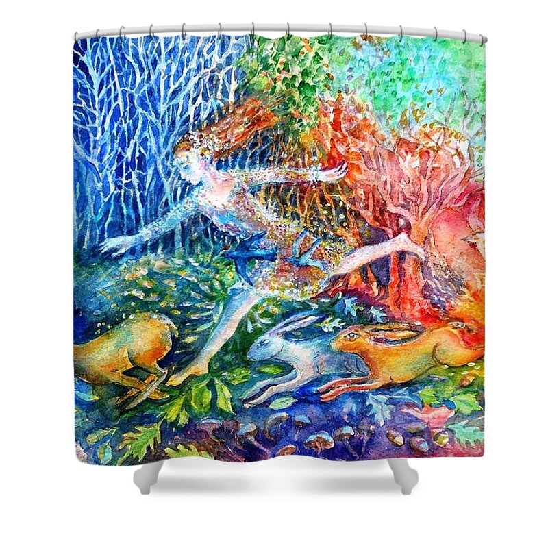 Dreaming Shower Curtain featuring the painting Dreaming with Hares by Trudi Doyle