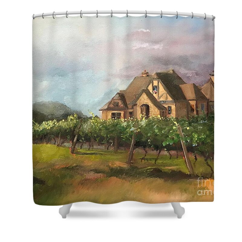Vineyard Shower Curtain featuring the painting Dreams Come True - Chateau Meichtry Vineyard - Plein Air by Jan Dappen