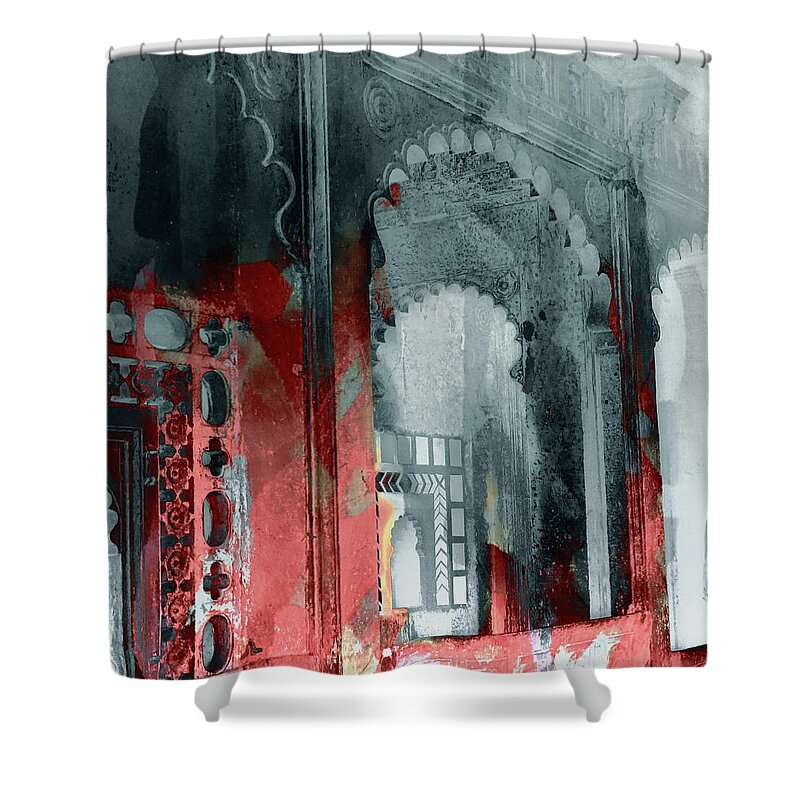 Red Shower Curtain featuring the photograph Dreamy Exotic Travel Red Black Abstract Square Arches Rajasthan India 1e by Sue Jacobi
