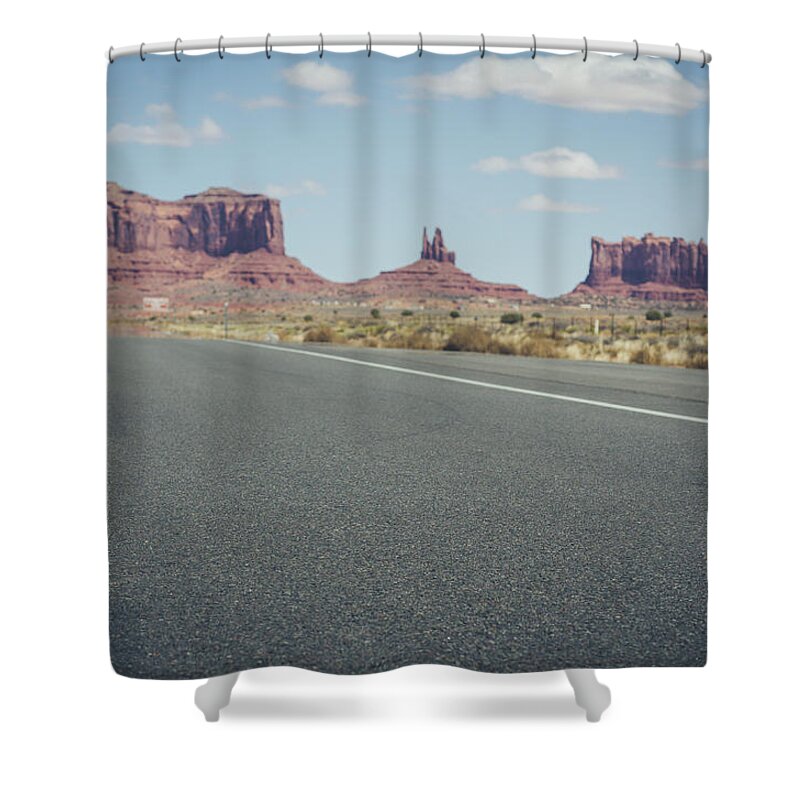 Monument Valley Shower Curtain featuring the photograph Driving Monument Valley by Margaret Pitcher