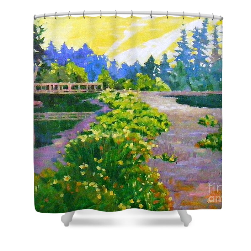 Drizzling Shower Curtain featuring the painting Drizzling seaside by Celine K Yong