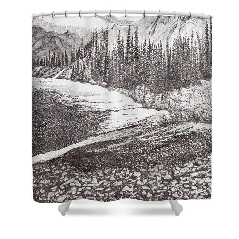 Pen And Ink Shower Curtain featuring the drawing Dry Riverbed by Betsy Carlson Cross