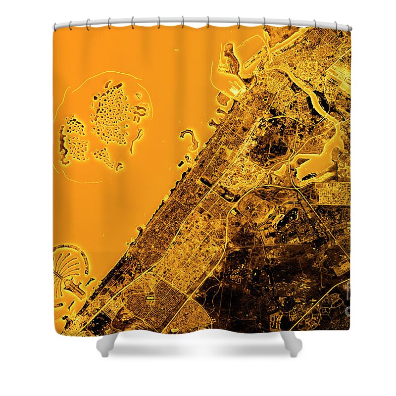 Dubai Shower Curtain featuring the digital art Dubai Abstract City Map Golden by Frank Ramspott