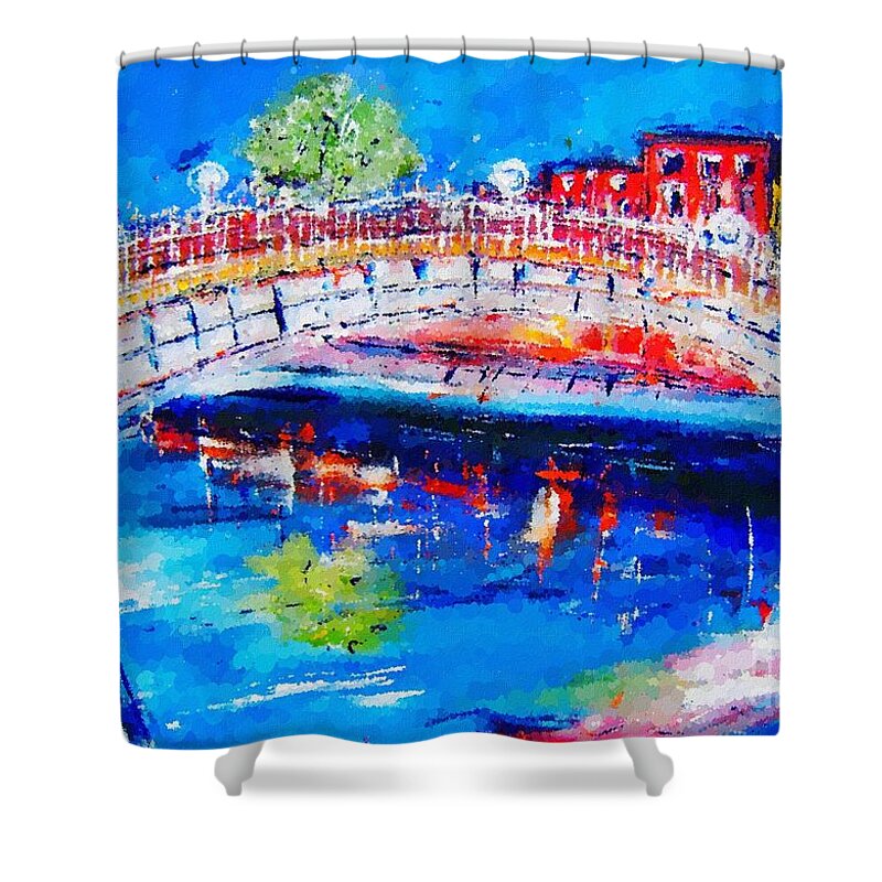 Semi Abstract Shower Curtain featuring the painting WALL ART dublin halfpenny liffey bridge impressionist by Mary Cahalan Lee - aka PIXI