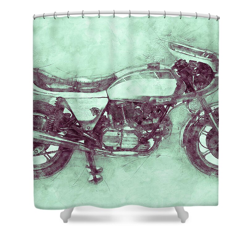 Ducati Supersport Shower Curtain featuring the mixed media Ducati SuperSport 3 - Sports Bike - 1975 - Motorcycle Poster - Automotive Art by Studio Grafiikka
