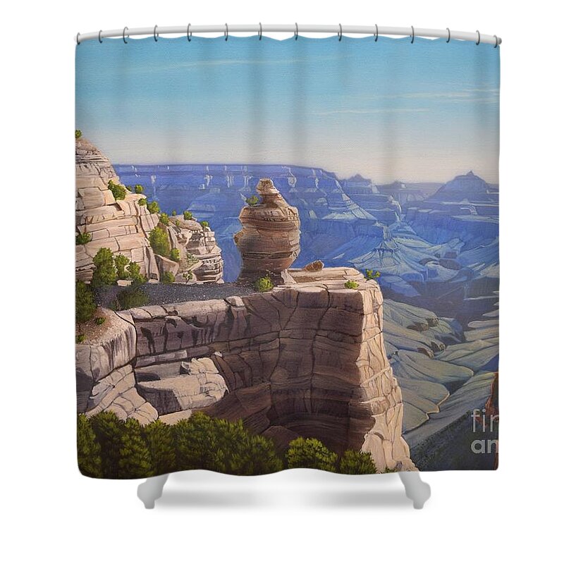 Grand Canyon Arizona Shower Curtain featuring the painting Duck on a Rock Grand Canyon by Jerry Bokowski