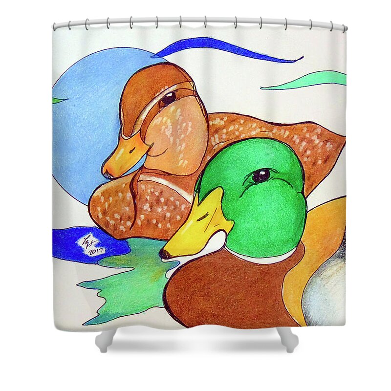 Ducks Shower Curtain featuring the drawing Ducks2017 by Loretta Nash