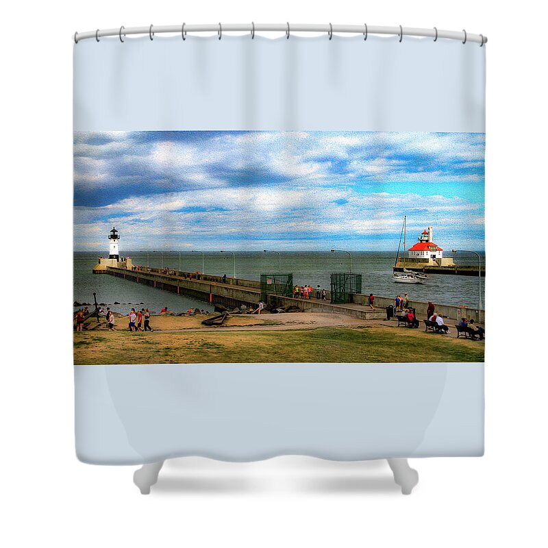 Bonnie Follett Shower Curtain featuring the photograph Duluth Canal Park Lighthouses by Bonnie Follett