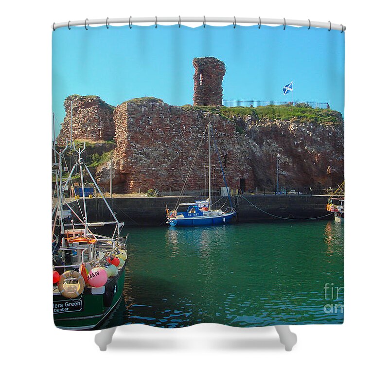 Scotland Shower Curtain featuring the photograph Dunbar Castle and Harbour by Yvonne Johnstone