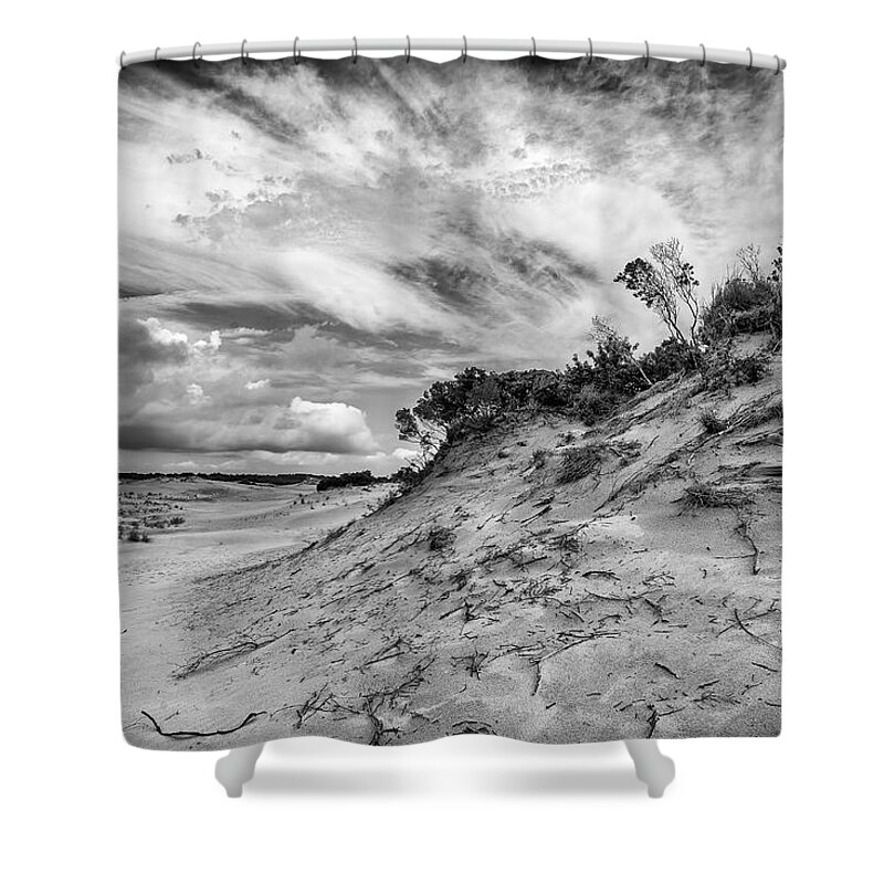 Monochrome Shower Curtain featuring the photograph Dune Sky by Alan Raasch