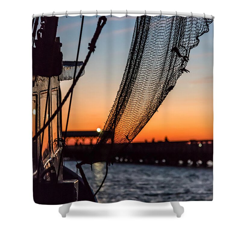 Mt. Pleasant Shower Curtain featuring the photograph Dusk at Shem Creek Pier in Mt. Pleasant, SC by Donnie Whitaker