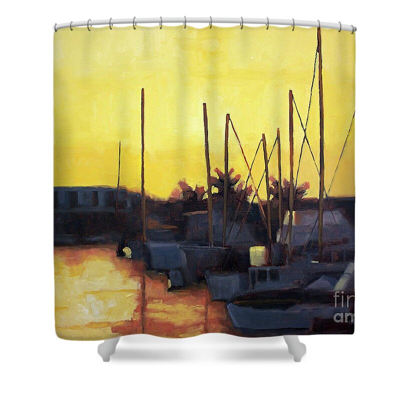 Boats Shower Curtain featuring the painting Dusk at the marina by Tate Hamilton