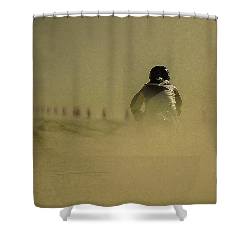 Land Speed Racing Shower Curtain featuring the photograph Dusty Exit by Jeff Kurtz