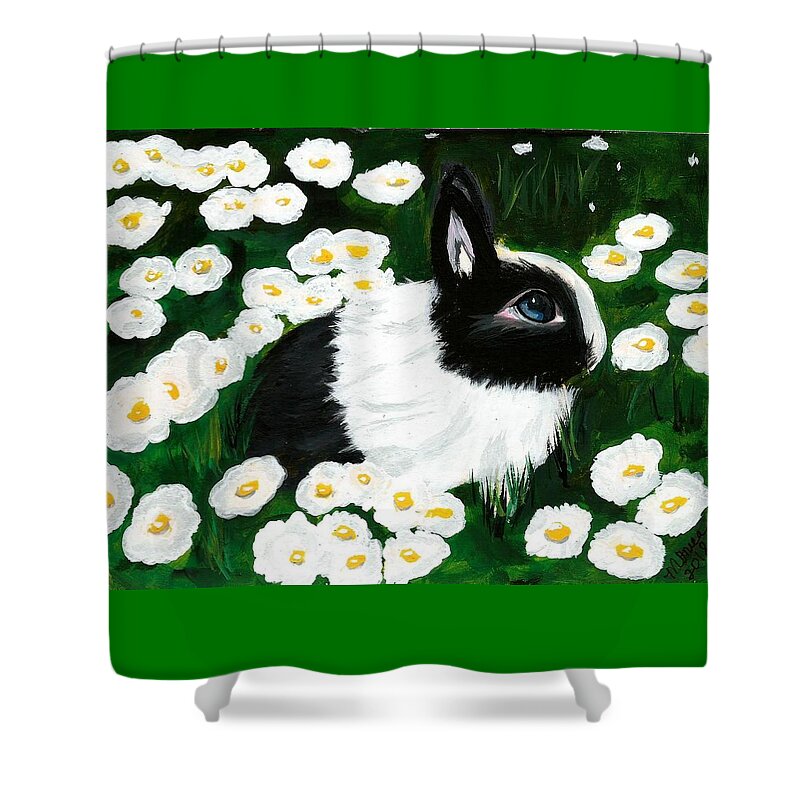 Dutch Bunny Shower Curtain featuring the painting Dutch Bunny with Daisies by Monica Resinger