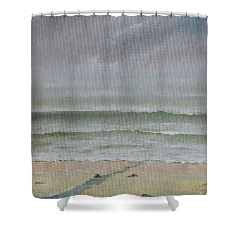 Beach Shower Curtain featuring the painting Early Morning Fog by Mary Scott