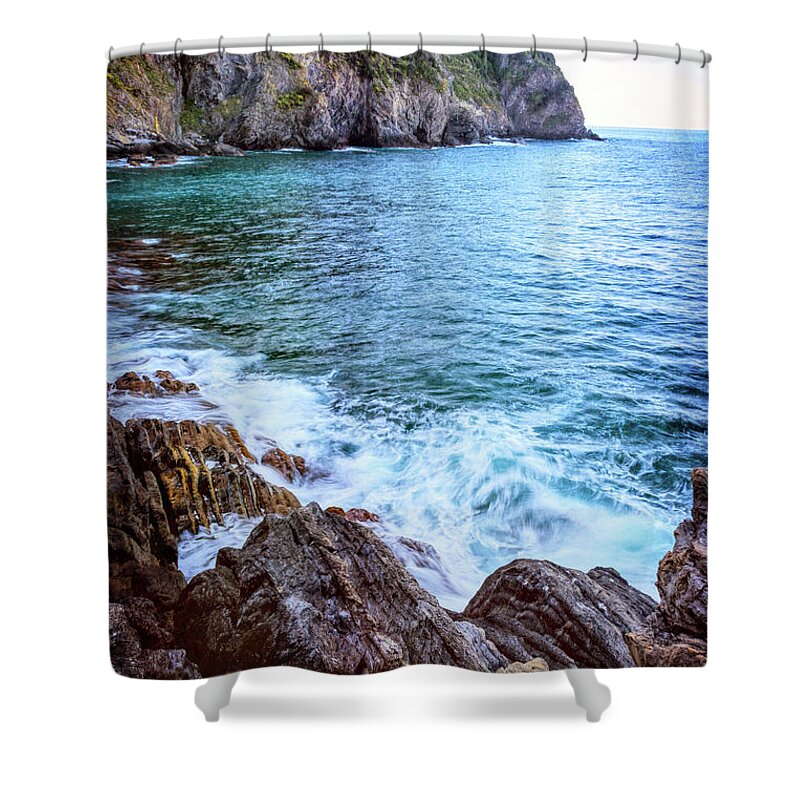 Joan Carroll Shower Curtain featuring the photograph Early Morning Riomaggiore Cinque Terre Italy by Joan Carroll