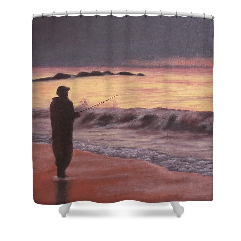 Fishing; Fisherman; Ocean; Sunrise; Sand; Serenity; Contemplation; Water Shower Curtain featuring the painting Early Morning Solace by Marg Wolf