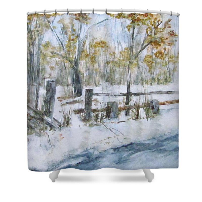 Early Spring Shower Curtain featuring the painting Early Spring Snow by Paula Pagliughi