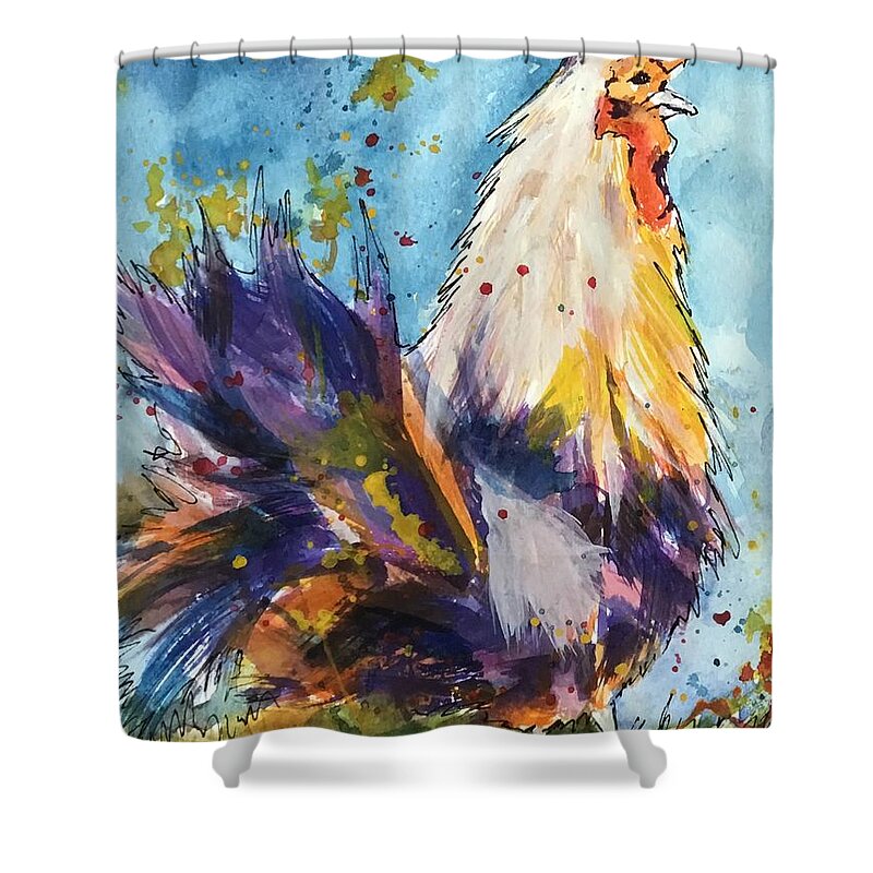 Rooster Shower Curtain featuring the painting Early to Rise by Cheryl Wallace