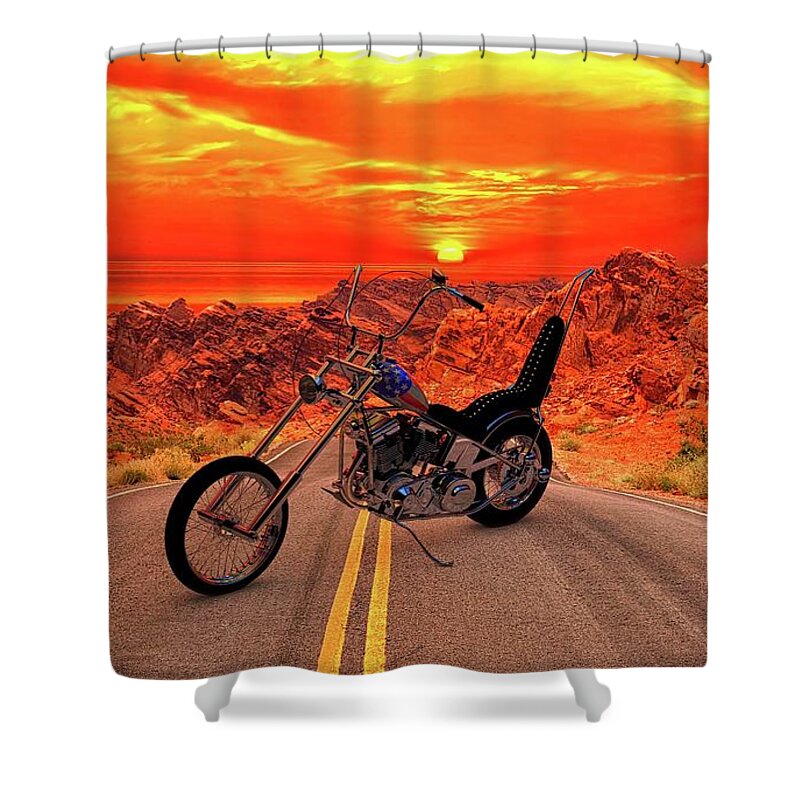 Easy Rider Chopper # Easy Rider # Chopper #sunset # Motorcycle #colorful #chopper # Render # Custom Chopper # Motorcycle Art # Usa # Reflections #florida #harley-davidson #american #c4d 3d Model #3d Rendering #photorealistic #custom Motorcycle #bobber #visualization # Easy Rider #chopper Shower Curtain featuring the photograph Easy rider chopper by Louis Ferreira