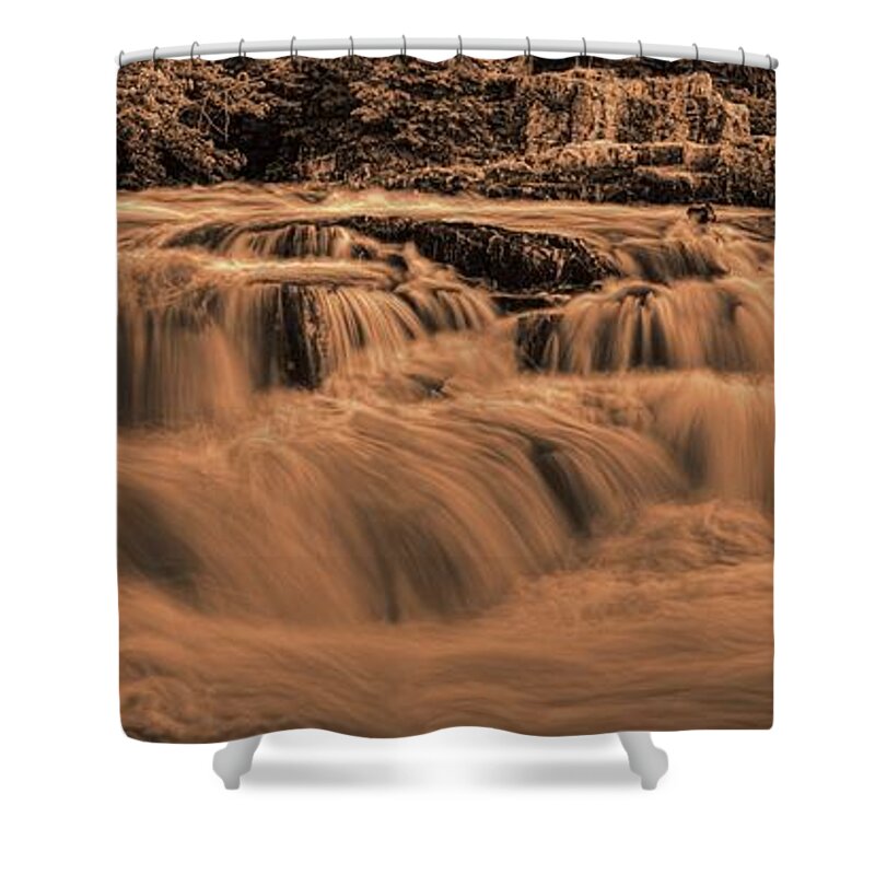 Sepia Shower Curtain featuring the photograph Eau Claire Dells Sepia Panoramic by Dale Kauzlaric