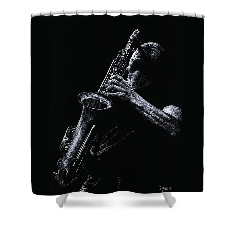 Musician Shower Curtain featuring the pastel Eclectic Sax by Richard Young